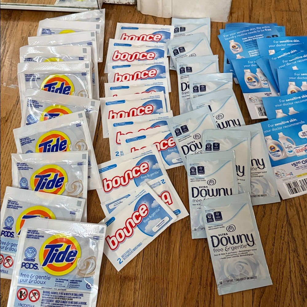 NEW Tide Pods Free & Gentle 12 Pods + 12 downy free gentle + Bounce sheets + ..